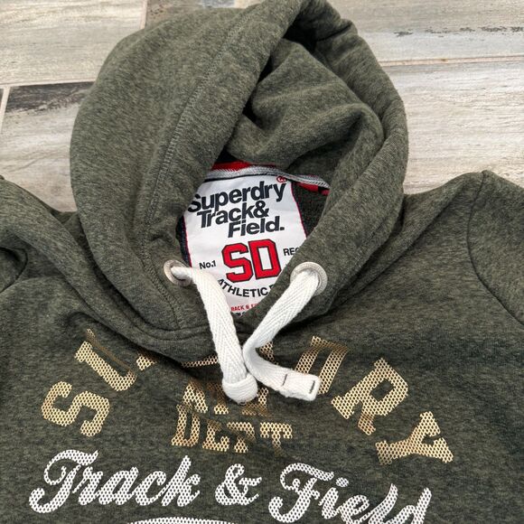 Superdry Track and Field Pullover Hoodie Army Green Metallic Print Warm Wear - Picture 3 of 6